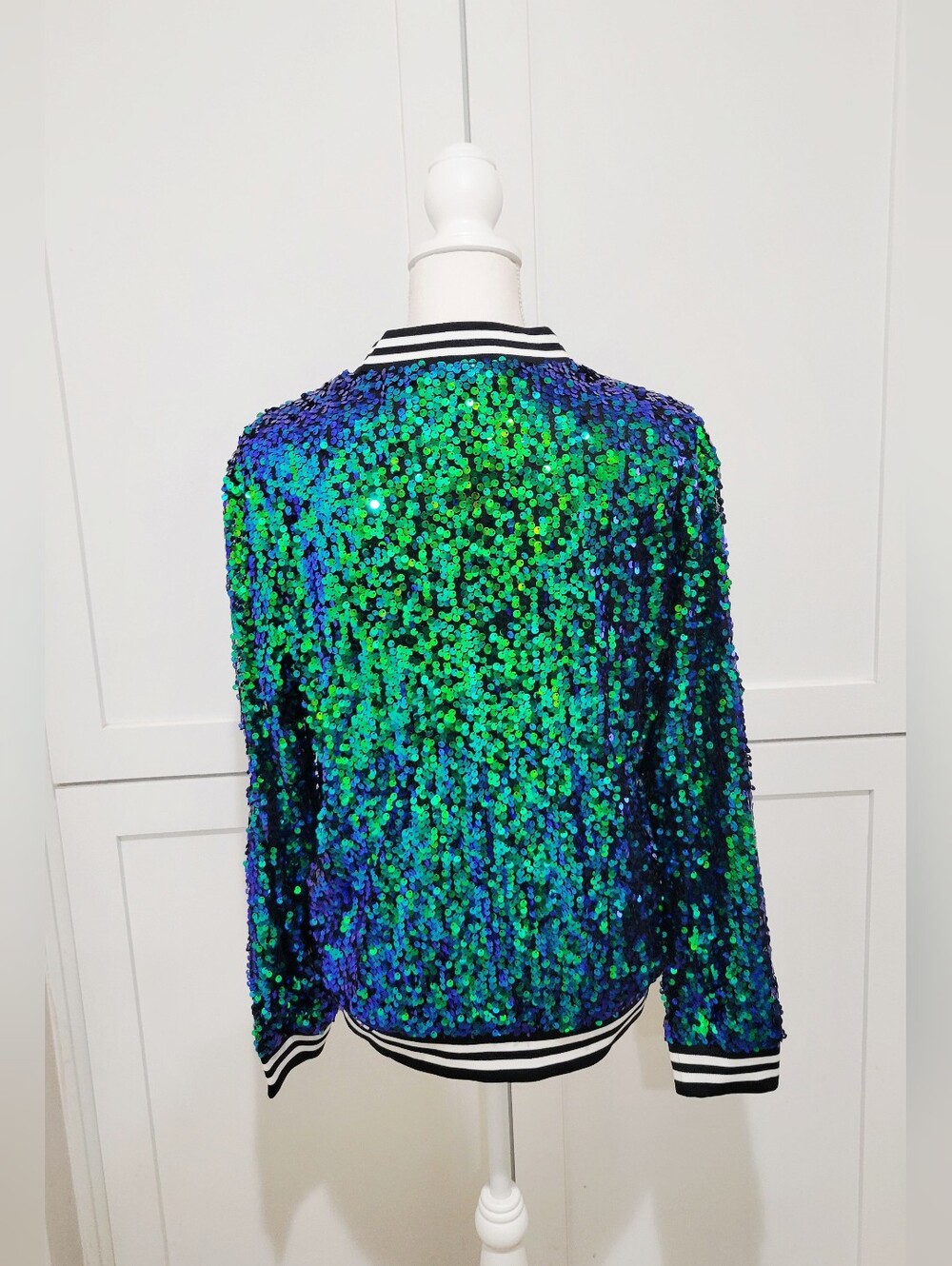 Blue/Green Sequined Zip Front Bomber Jacket | Size Large - Picture 4 of 7
